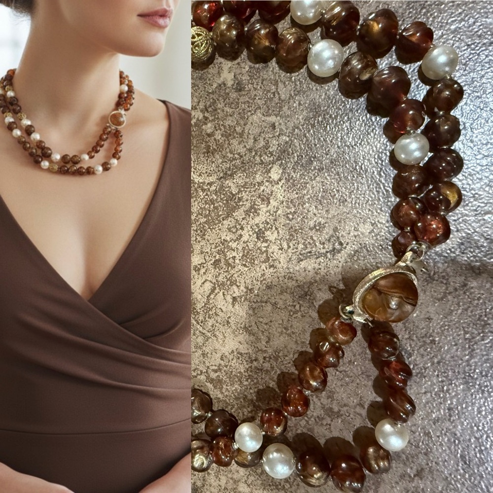 Vintage Brown Glass & Faux Pearl Beaded Necklace Gold Tone